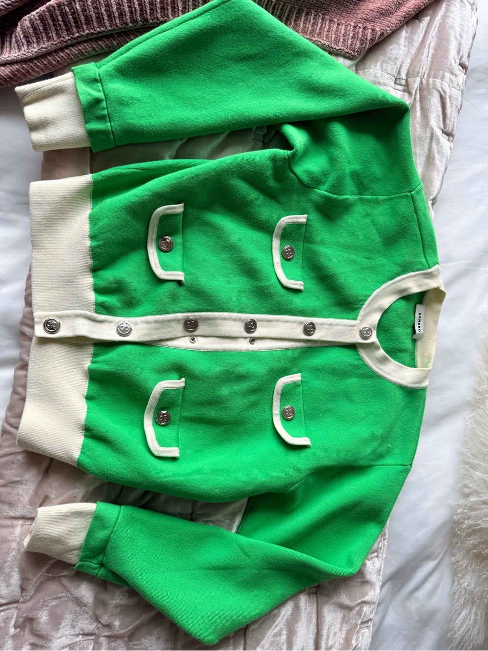 Sandro Green Crewneck Cardigan with Cream Trim